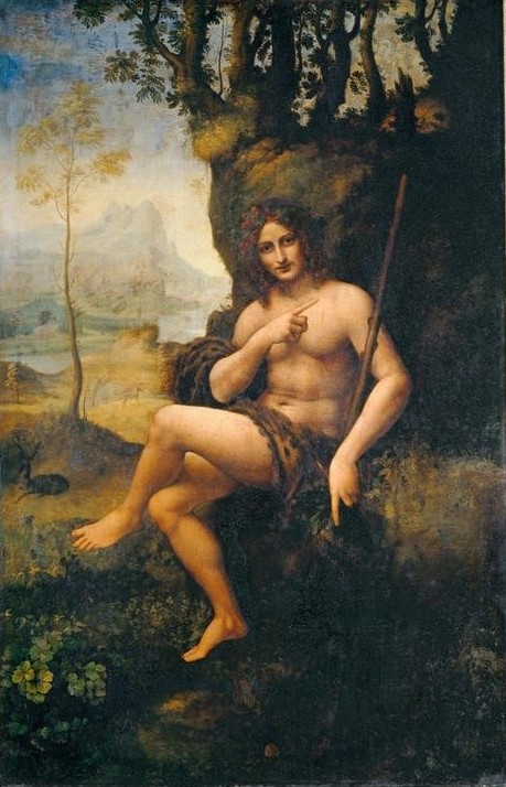 Leonardo da Vinci, Bacchus (Mann,Mythologie,Renaissance,Italienische Kunst,Götter,Androgyn,Halbakt,Gott,Sfumato,Griechisch-Römische Mythologie)