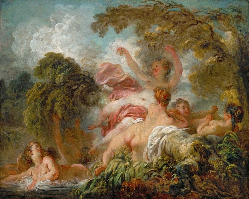 Jean-Honoré Fragonard, Les Baigneuses (Badende, Frauen, Aktmalerei, nackt, Erotik,  Schwimmen, Sommer, See, Wohnzimmer, Rokoko, Malerei, Wunschgröße  Klassiker, bunt)