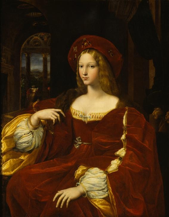 Raffael, Bildnis der Dona Isabel de Requesens, Vizekönigin von Neape (Damenhut,Damenmode,Frau,Geschichte,Jugend (Lebensalter),Königin,Mode,Textil,Schönheit,Hut,Renaissance,Hand,Portrait,Manierismus,Adel,Italienische Kunst,Kleid,Purpur,Kleidung (Allgemein),Ärmel,Samt,Puffärmel,Junge Frau,Braune Haare,Frisur,Mütze)