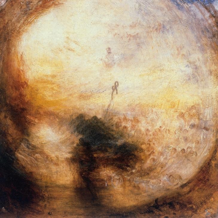 JOSEPH MALLORD WILLIAM TURNER, Licht und Farbe (Goethes Farbenlehre) – Morgen nach der Sin (Landschaft,Meteorologie,Tageszeiten,Morgen,Altes Testament,Bibel,Katastrophe,Überschwemmung,Sintflut,Sonnenaufgang,Englische Kunst,Gestohlene Kunstwerke,Farbenlehre,Jüdisch-Christlich)