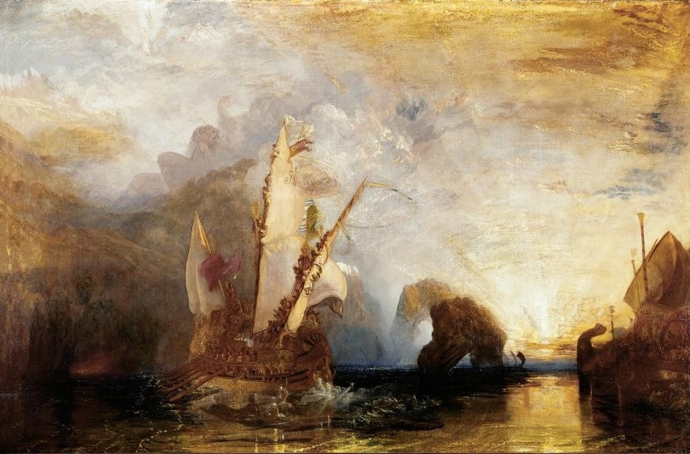 JOSEPH MALLORD WILLIAM TURNER, Ulysses deriding Polyphemus – Homer’s Odyssey (Galeere,Landschaft,Mythologie,Schiff,Segelschiff,Meer,Impressionismus,Segelboot,Riese,Marinemalerei,Englische Kunst,Romantik,Einäugig,Griechisch-Römische Mythologie,Schifffahrt)