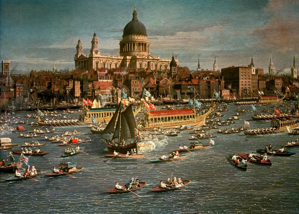 Giovanni Antonio Canaletto, London, Themse mit Blick auf die Stadt und St. Paul’s Cathe (Wunschgröße, Malerei, Landschaften, Vedute, London, Fluss, Themse, Architektur,  Regatta, Boote, Städte, Großbritannien, Klassiker, Wohnzimmer, bunt)