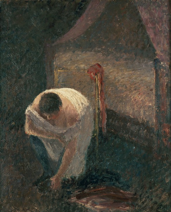 Camille Pissarro, Femme en chemise (Bett,Frau,Schlafzimmer,Impressionismus,Pointillismus,Nachthemd,Schule Von Barbizon,Französische Kunst,Frauenleben,Jahrhundertwende,Intimsphäre)