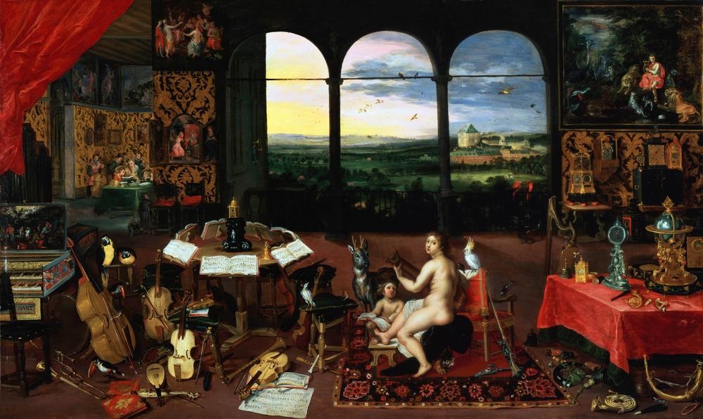 Jan BRUEGHEL DER Jüngere, Das Gehör (Blasinstrument,Cembalo,Gewehr,Globus,Hausmusik,Klarinette,Kontrabass,Laute,Musik,Mythologie,Noten,Papagei,Physiologie,Tapete,Tasteninstrument,Teppich,Tischuhr,Violoncello,Zoologie,Geige,Posaune,Instrument,Akt,Tisch,Allegorie,Bild Im Bild,Stillleben,Bogen)