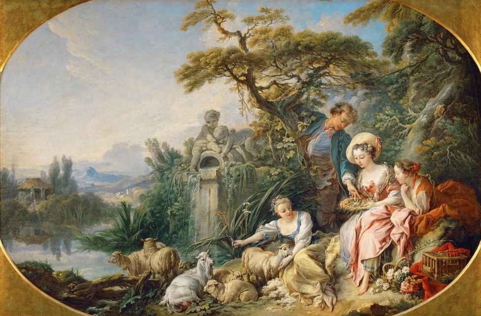 Francois Boucher, Les présents du berger ou Le nid (Landschaft,Schafzucht,Vogel,Hirte,Ziege,Rokoko,Bukolik,Schaf,Vogelnest,Französische Kunst,Lamm,Tier,Nest,Schafherde,Herde,Schäferin,Landwirtschaft,Schäfer)