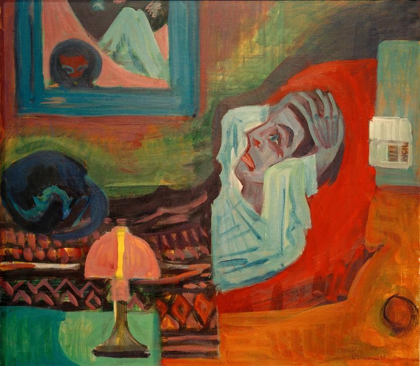 Ernst Ludwig Kirchner, Kranker in der Nacht (Der Kranke) (Deutsche Kunst,Krankheit,Künstlerleben,Künstler,Kunst,Licht Und Beleuchtung,Mann,Schlafzimmer,Tischlampe,Tageszeiten,Nacht,Selbstbildnis,Bild Im Bild,Lampe,Portrait,Expressionismus,Die Brücke,Kranker,Person,Krankenlager)