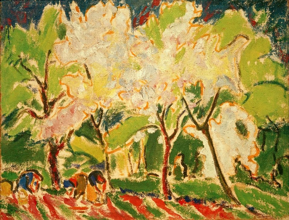 Ernst Ludwig Kirchner, Frühlingslandschaft (Ackerbau,Baumblüte,Deutsche Kunst,Jahreszeiten,Kunst,Landschaft,Frühling,Baum,Expressionismus,Die Brücke,Feldarbeit,Landwirtschaft)