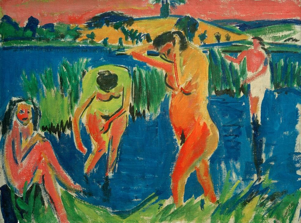 Ernst Ludwig Kirchner, Vier Badende (Körperpflege,Bad Im Freien,Bad,Deutsche Kunst,Frau,Gruppenbild,Kunst,Landschaft,Freizeit,Akt,Expressionismus,Die Brücke)