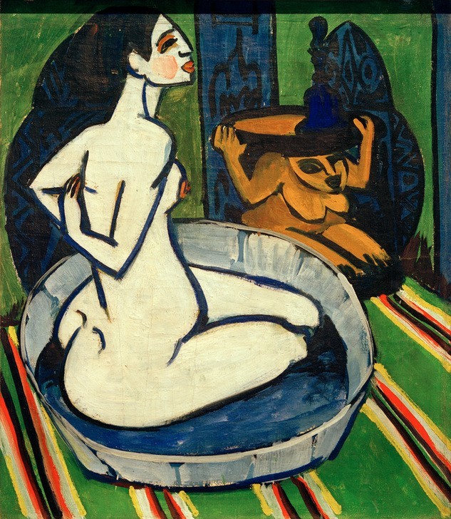 Ernst Ludwig Kirchner, Weiblicher Akt im Tub (Körperpflege,Bad,Deutsche Kunst,Frau,Kunst,Mensch,Toilette (Körperpflege),Akt,Waschgeschirr,Expressionismus,Die Brücke,Frauenleben,Waschschüssel,Sitzen,Zuber)