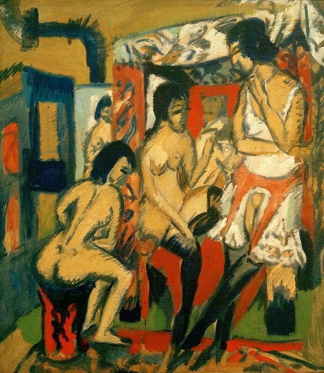 Ernst Ludwig Kirchner, Akte im Atelier (Atelier,Damenmode,Deutsche Kunst,Frau,Gruppenbild,Kunst,Modell,Strumpf,Unterwäsche (Damen),Akt,Expressionismus,Die Brücke,Himmelbett,Damenstrumpf,Unterhose,Strumpfhalter)