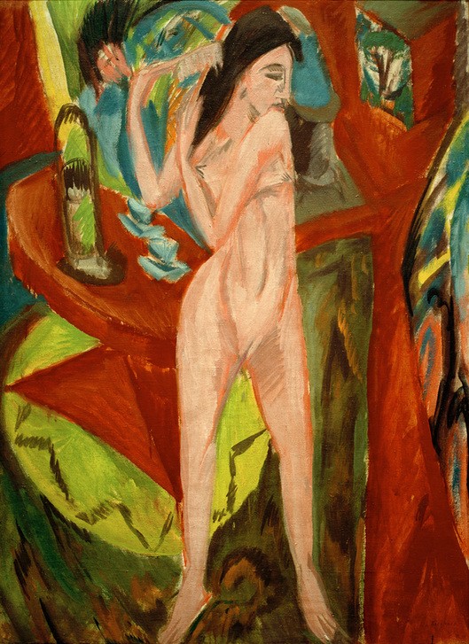 Ernst Ludwig Kirchner, Sich kämmender Akt (Körperpflege,Deutsche Kunst,Frau,Kunst,Akt,Expressionismus,Die Brücke,Junge Frau,Ganzfigurig,Haarekämmen)