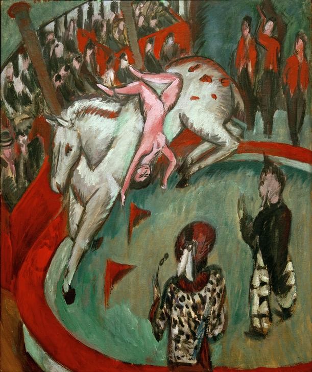 Ernst Ludwig Kirchner, Zirkusreiterin (Deutsche Kunst,Fahrendes Volk,Kunstreiter,Kunst,Pferd (Tier),Zirkus (Theater),Expressionismus,Clown,Die Brücke,Publikum,Manege,Zirkusreiterin,Kunstreiterin,Akrobatik,Schimmel (Pferd))