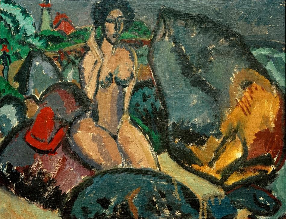 Ernst Ludwig Kirchner, Badende zwischen Steinen (Bad Im Freien,Bad,Deutsche Kunst,Frau,Kunst,Freizeit,Seebad,Stein,Hut,Akt,Expressionismus,Reise,Felsen,Die Brücke,Im Freien (Allgemein),Sitzen)