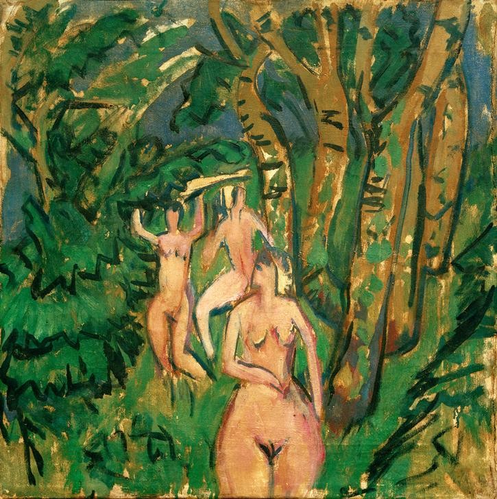 Ernst Ludwig Kirchner, Drei Akte im Wald (Deutsche Kunst,Freikörperkultur,Frau,Kunst,Wald,Akt,Expressionismus,Die Brücke,Im Freien (Allgemein),Naturverbundenheit)