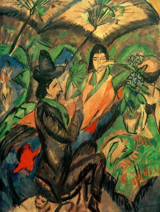 Ernst Ludwig Kirchner, Paar unter Japanschirm (Deutsche Kunst,Frau,Herrenhut,Kunst,Liebe Und Ehe,Liebespaar,Mann,Mensch,Mode,Freizeit,Hut,Expressionismus,Sonnenschirm,Die Brücke,Im Freien (Allgemein),Paar,Japanmode,Sitzen,Entspannung,Liegen,Schirm)