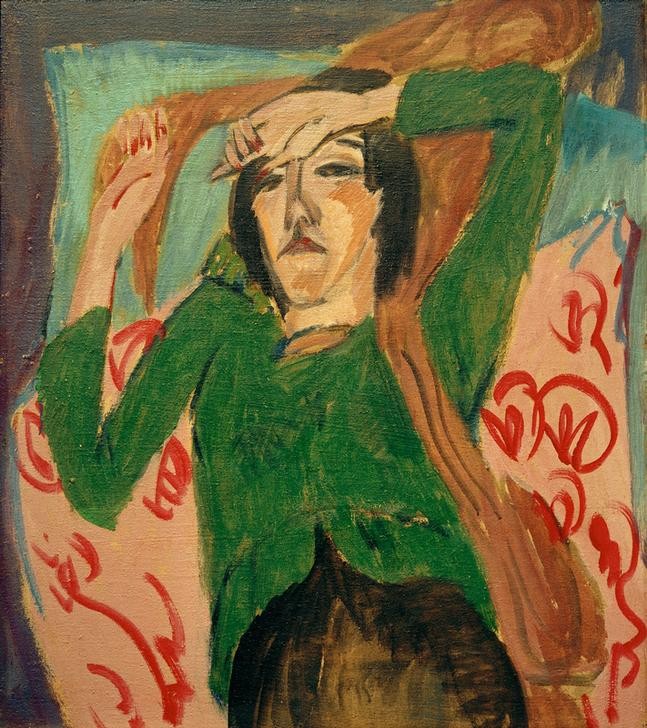 Ernst Ludwig Kirchner, Frau in grüner Jacke (Deutsche Kunst,Frau,Kunst,Mensch,Portrait,Expressionismus,Die Brücke,Jacke,Grün,Liegen)