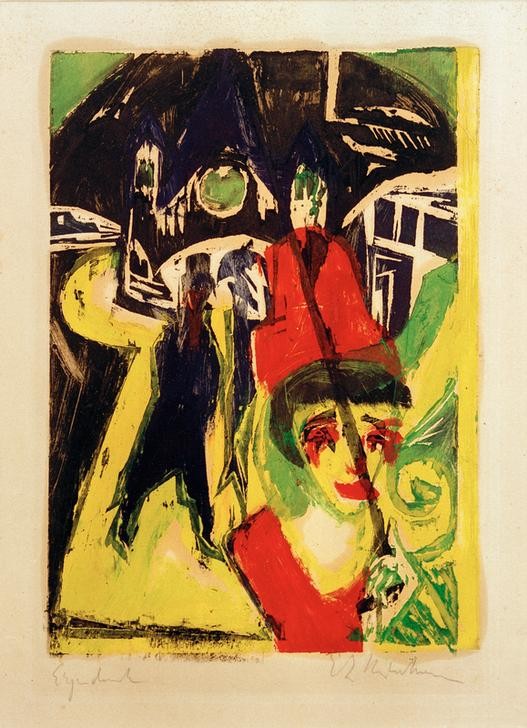 Ernst Ludwig Kirchner, Kokotte auf der Straße (Deutsche Kunst,Erotik,Kunst,Prostitution,Strassenszene,Szene,Verkehr,Grossstadt,Prostituierte,Expressionismus,Die Brücke,Fussgänger,Sexualität,Strassenstrich,Stadtleben)