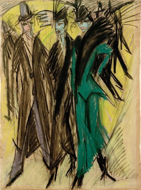 Ernst Ludwig Kirchner, Berliner Straßenszene (Damenmode,Deutsche Kunst,Herrenmode,Strassenszene,Verkehr,Grossstadt,Expressionismus,Die Brücke,Fussgänger,Eleganz,Pelzstola,Passant,Passantin,Flanieren,Stadtleben,Kostüm (Damenmode))