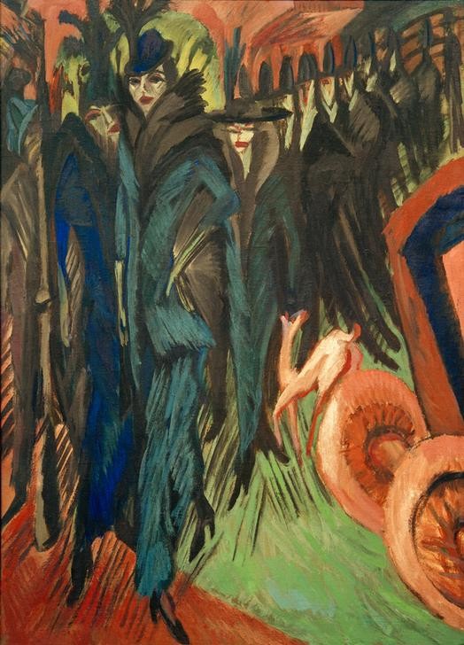 Ernst Ludwig Kirchner, Friedrichstraße, Berlin (Damenmode,Deutsche Kunst,Frau,Geographie,Kunst,Mann,Strassenszene,Verkehr,Zylinder (Hut),Grossstadt,Expressionismus,Die Brücke,Fussgänger,Eleganz,Topographie,Passant,Passantin,Flanieren,Stadtleben,Kostüm (Damenmode))