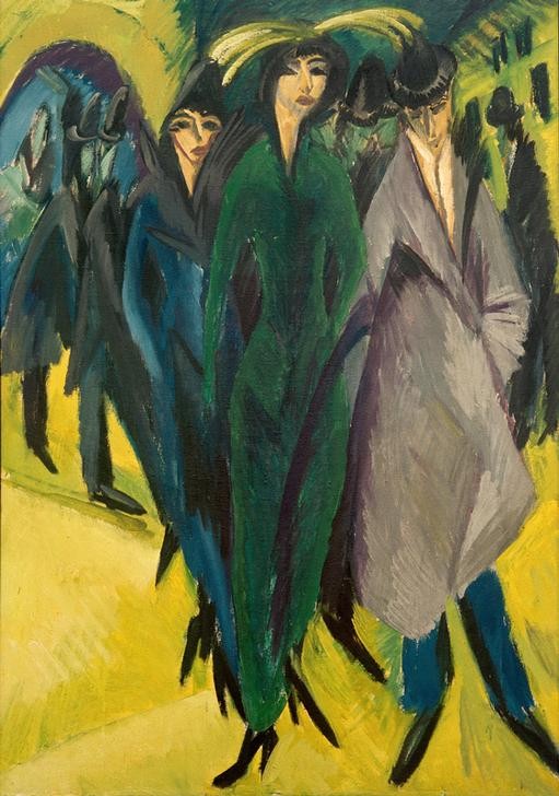 Ernst Ludwig Kirchner, Frauen auf der Straße (Damenmode,Deutsche Kunst,Frau,Herrenmode,Kopfbedeckung,Kunst,Mantel,Mann,Strassenszene,Verkehr,Grossstadt,Expressionismus,Die Brücke,Fussgänger,Paar,Eleganz,Passant,Passantin,Fussgängerin,Flanieren,Stadtleben)