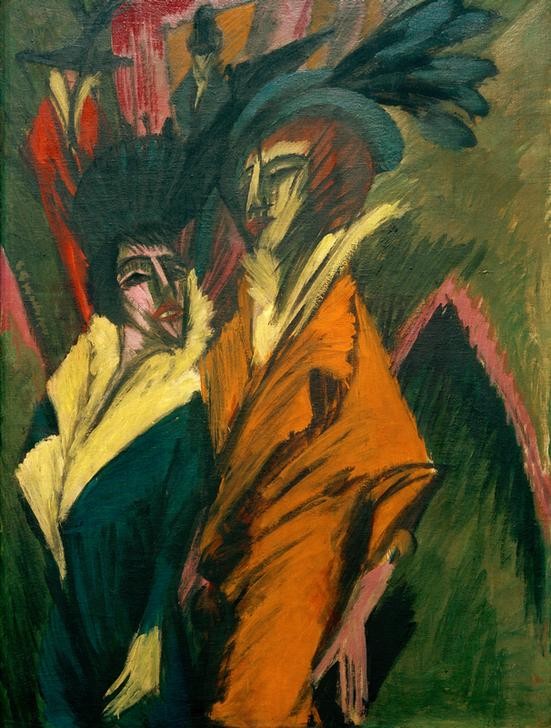 Ernst Ludwig Kirchner, Zwei Frauen auf der Straße (Damenhut,Damenmode,Deutsche Kunst,Frau,Kunst,Mode,Strassenszene,Verkehr,Grossstadt,Expressionismus,Die Brücke,Fussgänger,Eleganz,Passantin,Fussgängerin,Stadtleben)