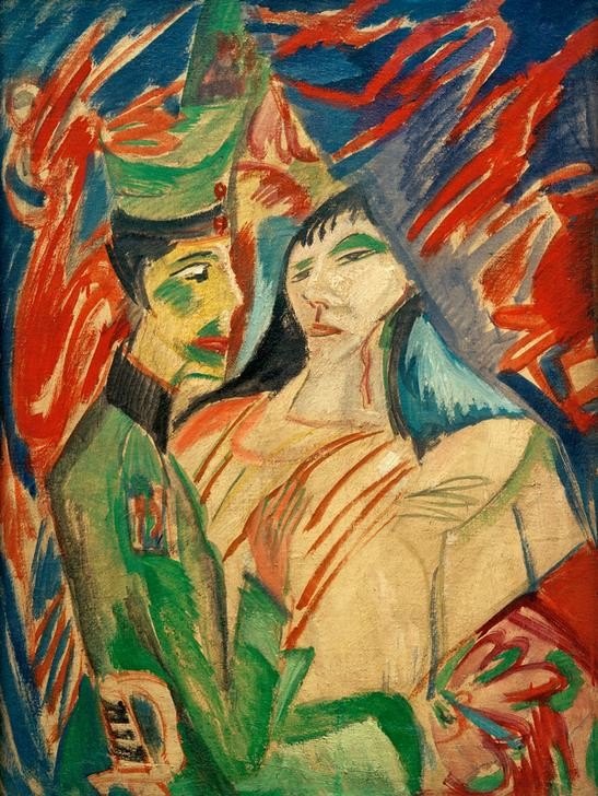 Ernst Ludwig Kirchner, Soldat und Mädchen zwischen bunten Vorhängen (Abschied (Verabschieden),Deutsche Kunst,Frau,Geschichte,Künstler,Kunst,Liebespaar,Mädchen,Maler (Künstler),Mann,Soldat,Selbstbildnis,Portrait,Expressionismus,Soldatenbraut,Die Brücke,Soldatenliebe,Vorhang,Junge Frau,Doppelportrait,Erster Weltkrieg,Person,)