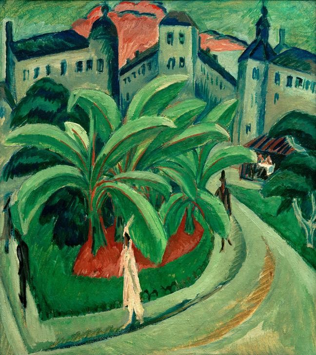 Ernst Ludwig Kirchner, Platz in Halle (Deutsche Kunst,Geographie,Kunst,Palme,Platz,Expressionismus,Vedute,Architekturdarstellung,Die Brücke,Topographie)