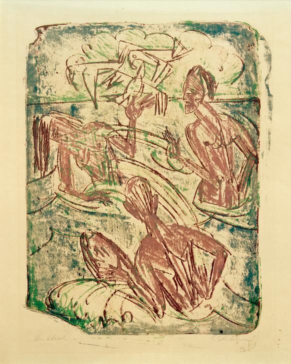 Ernst Ludwig Kirchner, Spritzende Badende (Bad Im Freien,Bad,Deutsche Kunst,Freikörperkultur,Frau,Kunst,Mann,Freizeit,Urlaub,Meer,Expressionismus,Die Brücke)
