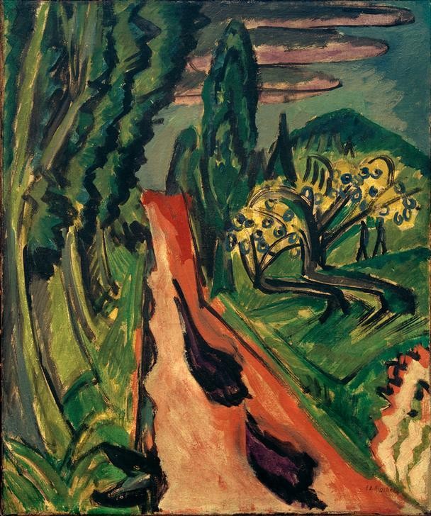 Ernst Ludwig Kirchner, Autostraße im Taunus (Automobil,Deutsche Kunst,Kunst,Landstrasse,Landschaft,Verkehrswege,Strasse (Allgemein),Verkehr,Expressionismus,Die Brücke,Pappel)