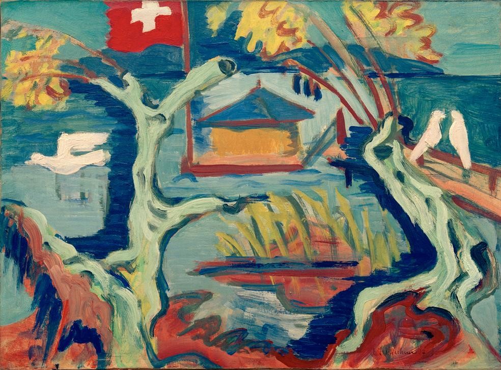 Ernst Ludwig Kirchner, Fischerhütte am Bodensee (Deutsche Kunst,Fischerei,Flagge,Geographie,Kunst,Landschaft,Hütte,See,Expressionismus,Die Brücke,Topographie,Fischerhaus,Fischerhütte)