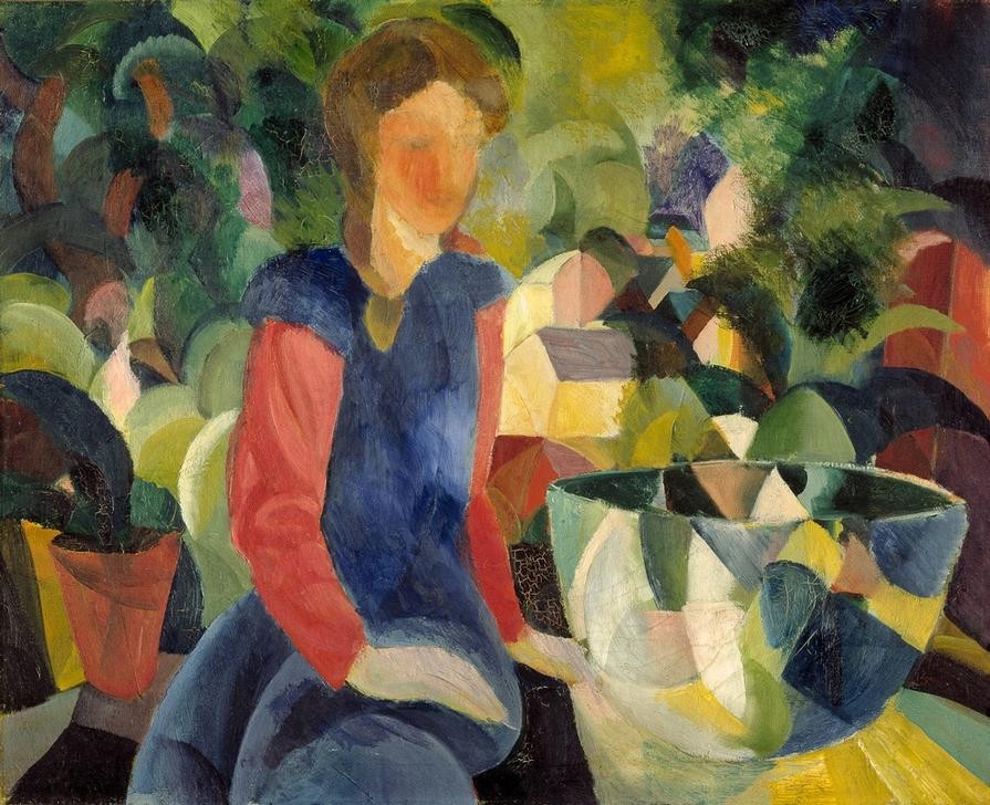 August Macke, Mädchen mit Fischglas (Deutsche Kunst,Frau,Kind,Fisch,Portrait,Expressionismus,Aquarium,Haustier,Frau Und Tier,Junge Frau,Fischglas)