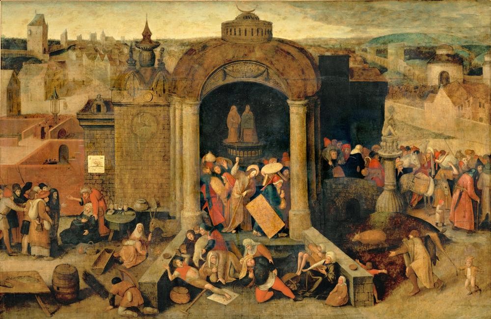 Pieter Brueghel der Ältere, Christus reinigt den Tempel (Christentum,Markt,Religion,Tempel,Vertreibung,Renaissance,Neues Testament,Bibel,Manierismus,Quacksalber,Stadtansicht,Niederländische Kunst,Austreibung Der Wechsler,Passion Christi,Medizingeschichte,Händler,Strassenhändler,Kaufmann,Waschung (Rituell))