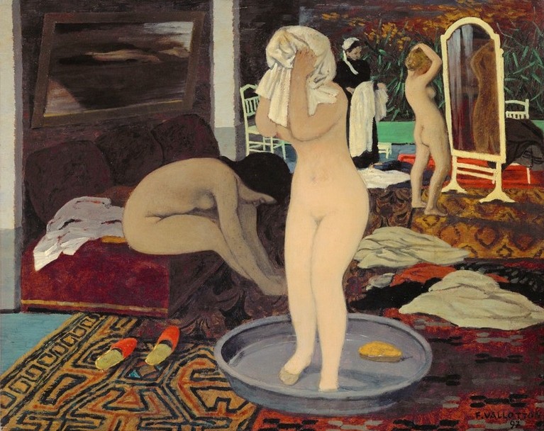 Felix Vallotton, Femmes à leur toilette (Körperpflege,Bad,Frau,Mädchen,Morgentoilette,Spiegel,Teppich,Textil,Wasser,Akt,Portrait,Interieur,Schweizerische Kunst,Badezimmer,Leben,Frauenleben,Nabis,Kopf,Jahrhundertwende,Intimsphäre,Wohngemeinschaft,Badewanne,Vier Elemente)