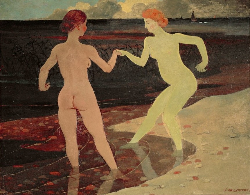 Felix Vallotton, La maîtresse et la servante (Körperpflege,Bad Im Freien,Bad,Freikörperkultur,Frau,Mädchen,Freizeit,Schwimmen,Sport,Strand,Wasser,Akt,Portrait,Rückenakt,Schweizerische Kunst,Leben,Nabis,Kopf,Hilfestellung,Wasserscheu,Vier Elemente)