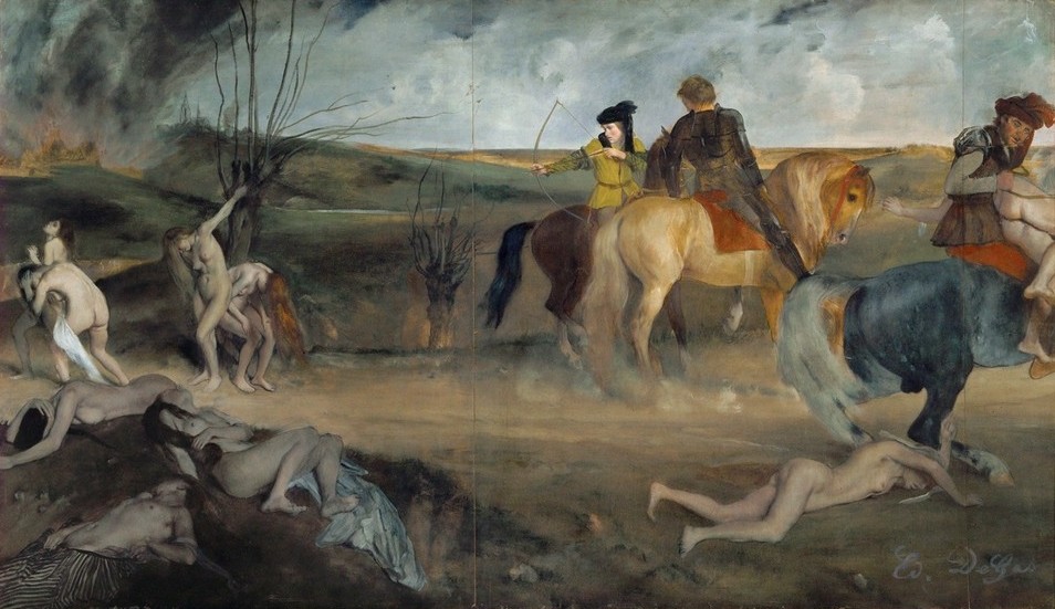 Edgar Degas, Scene du guerre au Moyen Age (Erschiessen,Geschichte,Krieg,Landschaft,Mädchen,Militär,Pferd (Tier),Waffe,Impressionismus,Massaker,Akt,Grausamkeit,Portrait,Frauenraub,Vergewaltigung,Zivilbevölkerung,Französische Kunst,Sexualität,Perversion,Historienmalerei,Tier,Bogenschütze,Kopf,Pfeil)