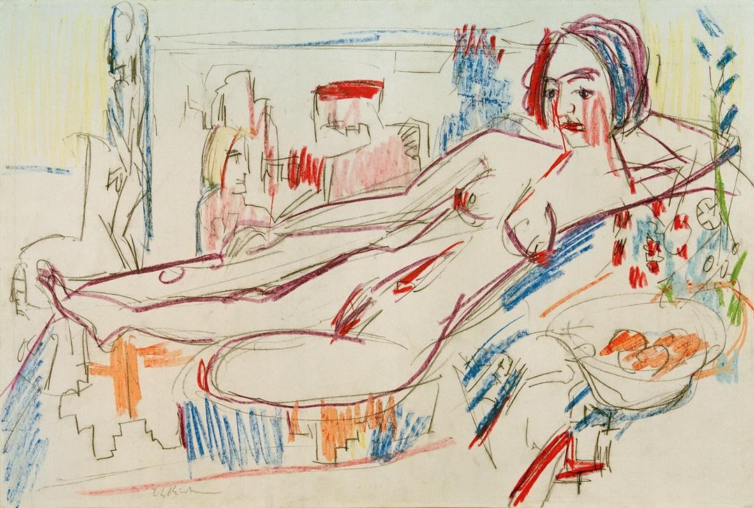 Ernst Ludwig Kirchner, Liegender weiblicher Akt auf einer Ottomane (Deutsche Kunst,Frau,Kunst,Akt,Expressionismus,Die Brücke,Junge Frau,Liegen,Ganzfigurig,Ottomane)