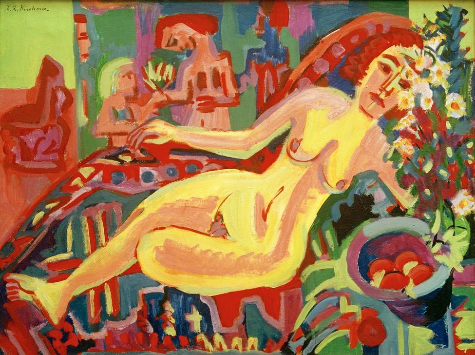 Ernst Ludwig Kirchner, Nacktes Mädchen auf Diwan (Deutsche Kunst,Frau,Kunst,Mädchen,Akt,Expressionismus,Die Brücke,Obstschale,Junge Frau,Liegen,Ganzfigurig,Divan)