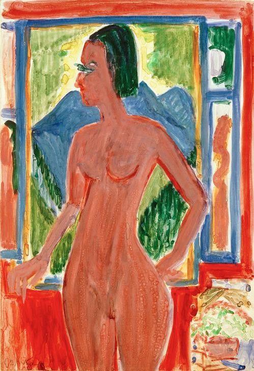 Ernst Ludwig Kirchner, Nacktes Frau am Fenster (Deutsche Kunst,Fenster,Frau,Gebirge,Kunst,Akt,Expressionismus,Die Brücke,Junge Frau,Naturverbundenheit,Fenster (Geöffnet))