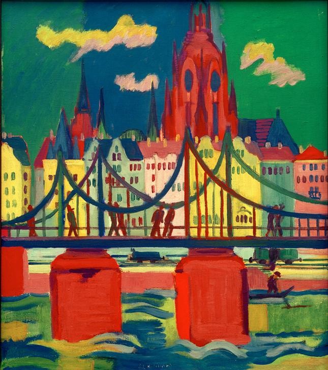 Ernst Ludwig Kirchner, Der Frankfurter Dom (Brücke,Deutsche Kunst,Geographie,Kirche,Kunst,Fluss,Expressionismus,Stadtansicht,Architekturdarstellung,Topographie,Sakralbau)