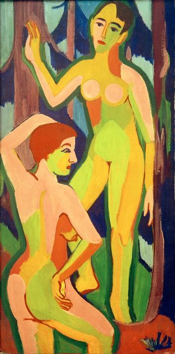 Ernst Ludwig Kirchner, Zwei Akte im Wald II (Deutsche Kunst,Frau,Kunst,Wald,Akt,Portrait,Expressionismus,Rückenfigur,Die Brücke,Im Freien (Allgemein),Junge Frau,Naturverbundenheit,Doppelportrait,Bubikopf)