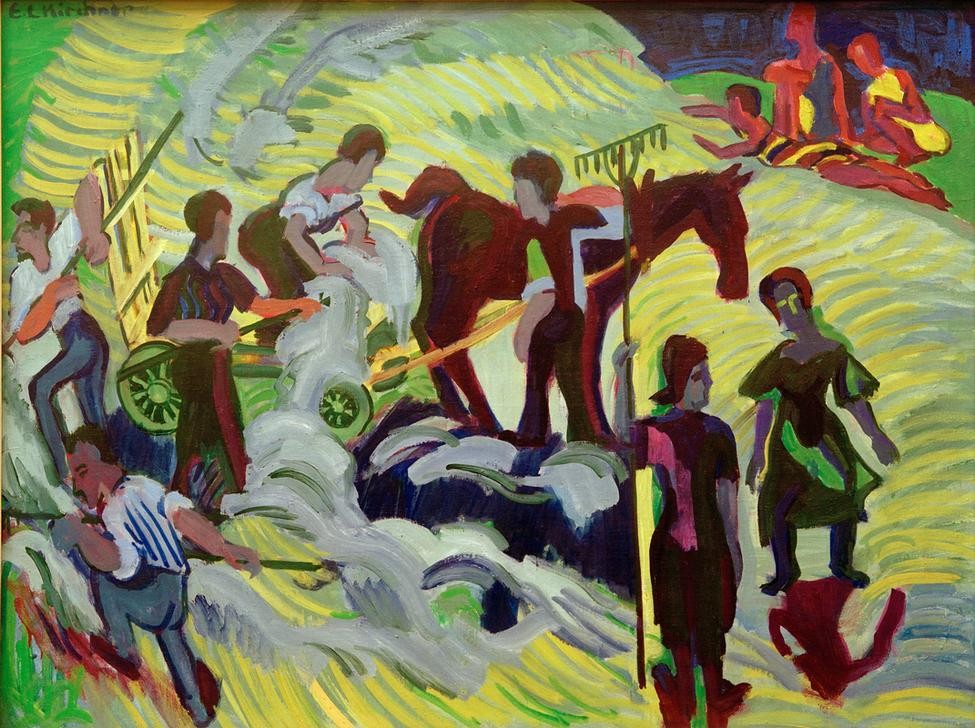 Ernst Ludwig Kirchner, Heuernte (Bauer (Landwirt),Deutsche Kunst,Ernte,Heuwagen,Kunst,Heu,Expressionismus,Die Brücke,Landleben,Rechen,Landbevölkerung,Feldarbeit,Landwirtschaft)