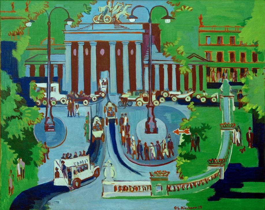 Ernst Ludwig Kirchner, Brandenburger Tor, Berlin (Autobus,Automobil,Deutsche Kunst,Geographie,Kunst,Laterne,Strassenlaterne,Strassenszene,Verkehr,Grossstadt,Expressionismus,Vedute,Architekturdarstellung,Die Brücke,Fussgänger,Strassenbeleuchtung,Topographie,Öffentlicher Nahverkehr,Doppeldecker (Bus))