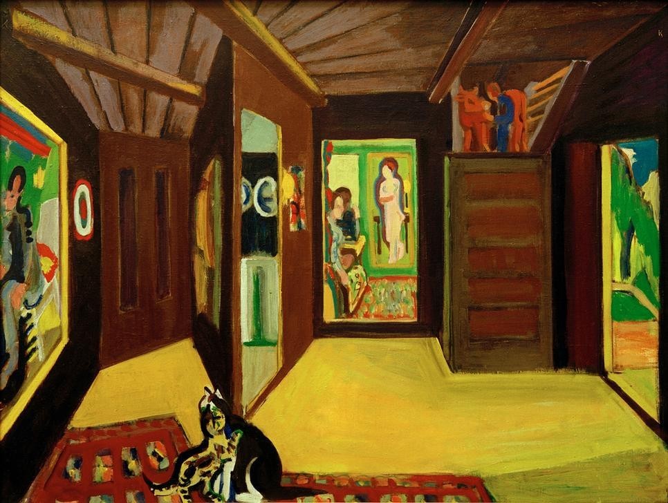 Ernst Ludwig Kirchner, Bergatelier (Atelier,Architektur,Deutsche Kunst,Katze (Tier),Kunst,Bild Im Bild,Expressionismus,Interieur,Künstlerhaus (Wohnhaus),Architekturdarstellung,Die Brücke,Haustier,Ansicht,Haustür,Innenansicht,Tür (Offen))