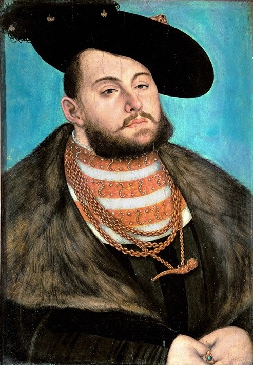 Lucas Cranach der Ältere, Bildnis Johann Friedrich der Großmütige als Kurprinz (Persönlichkeiten, Prinz, Adel, Mann, Reformation, Schmuck, Bart, Halskette, Barett, Pelz, Klassiker, Renaissance, Wunschgröße, Wohnzimmer,)