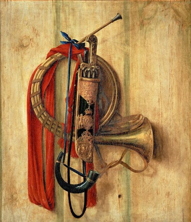 Cornelis Norbertus Gysbrechts, Jagdgerät an einer Wand (Besteck,Blasinstrument,Jagd,Musik,Barock,Instrument,Werkzeug,Stillleben,Messer,Trompe L'oeil,Niederländische Kunst,Jagdhorn,Horn (Instrument),Hirschfänger)