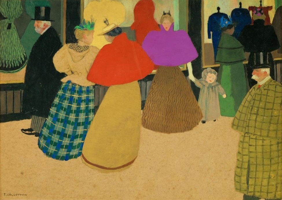 Felix Vallotton, Les Passants (Handel,Kind,Schaufenster,Spaziergang,Verkehr,Stadtansicht,Französische Kunst,Fussgänger,Schweizerische Kunst,Einkauf,Kleidung (Allgemein),Nabis,Bürgersteig,Geschäft)