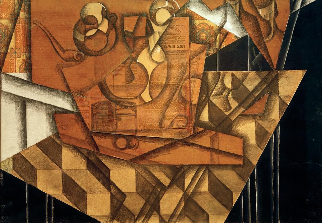 Juan Gris, Les Tasses de The (Stillleben,Tasse, Tee, Pfeife, Tisch, Kubismus, Collage,  Klassische Moderne, Malerei, Wohnzimmer, Wunschgröße, bunt)