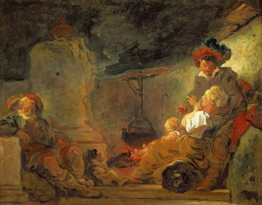 Jean-Honoré Fragonard, Le songe du mendiant (Traum, Bettler, junges Paar, Liebespaar, Nachtszene, Wohnzimmer, Rokoko, Malerei, Wunschgröße  Klassiker, bunt)