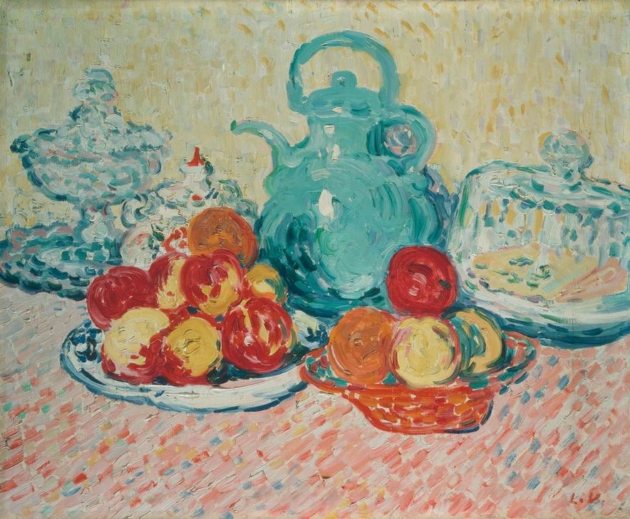 Louis Valtat, Nature morte (KUNST, OBST, TEE, IMPRESSIONISMUS, STILLLEBEN, FRANZÖSISCHE KUNST, OBSTSCHALE, KÄSE, GEDECKTER TISCH, TEEKANNE, KÄSEGLOCKE)