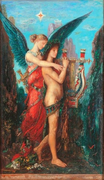 Gustave Moreau, Hesiod and the Muse (Frau,Himmel (Natur),Landschaft,Mann,Musik,Mythologie,Schwert,Musen,Stern,Französische Kunst,Nacktheit,Paar,Kleidung (Allgemein),Blau,Blume,Romantik,Emblem,Ganzfigurig,Gewand,Farben,Formen,Muster,Vertikale,Frisur)